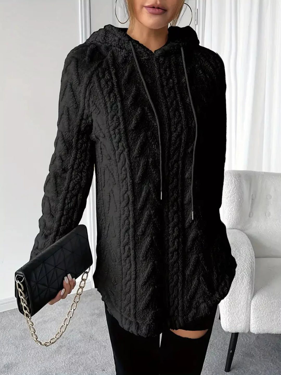 Textured cable-knit fleece pullover hoodie with drawstring