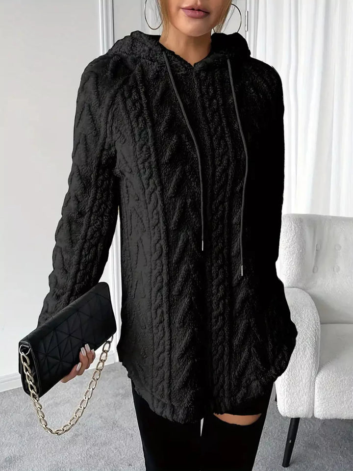 Textured cable-knit fleece pullover hoodie with drawstring
