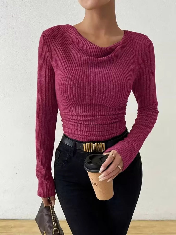 Ruched cowl neck ribbed knit long sleeve top
