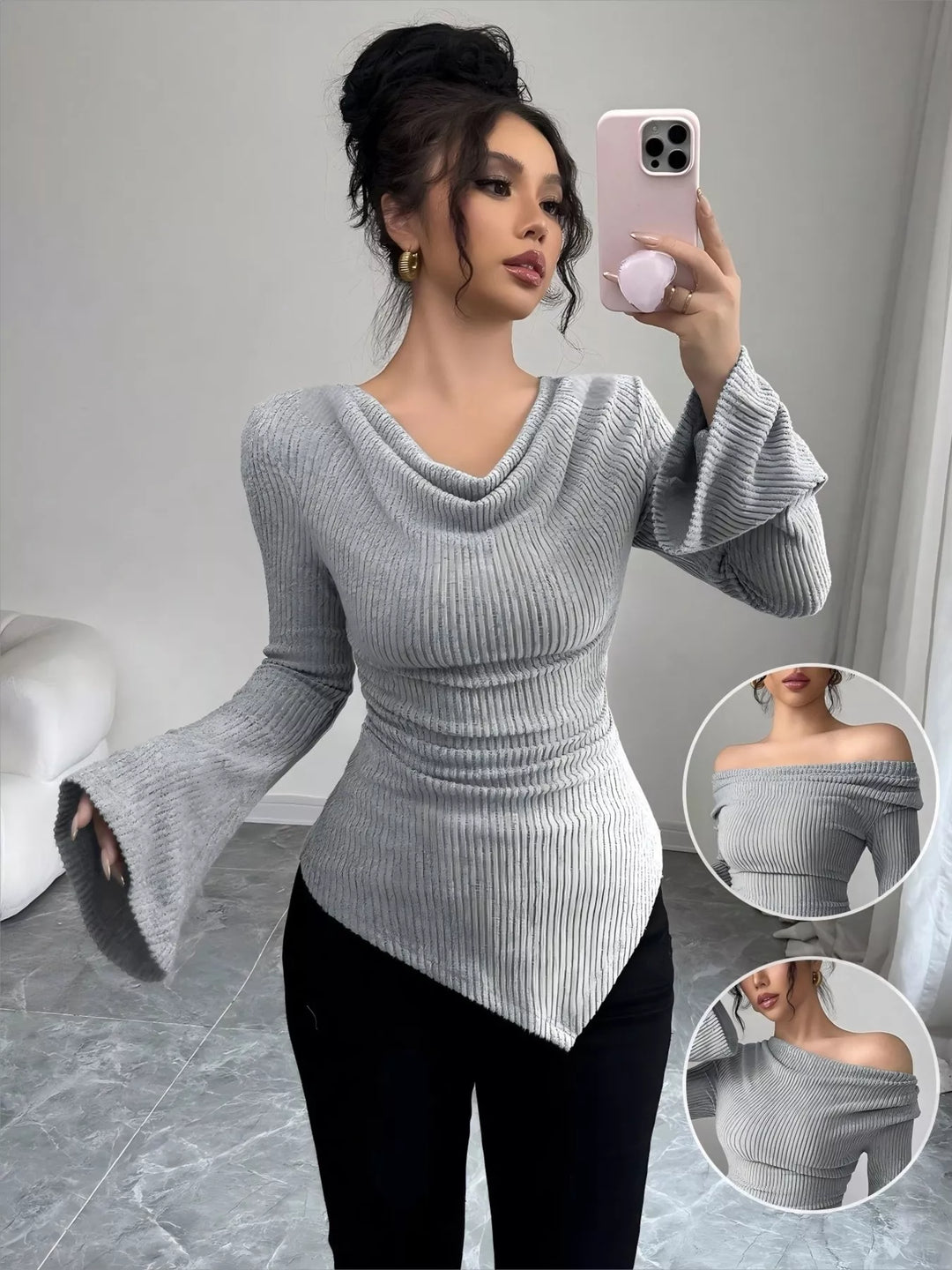 Cowl neck ribbed knit top with flare sleeves