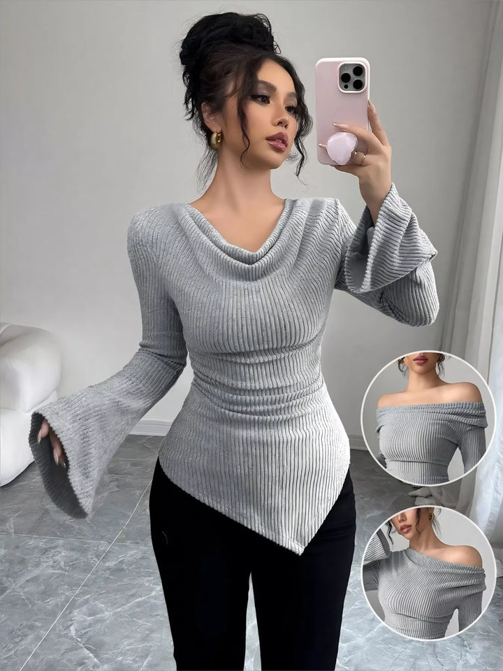 Cowl neck ribbed knit top with flare sleeves