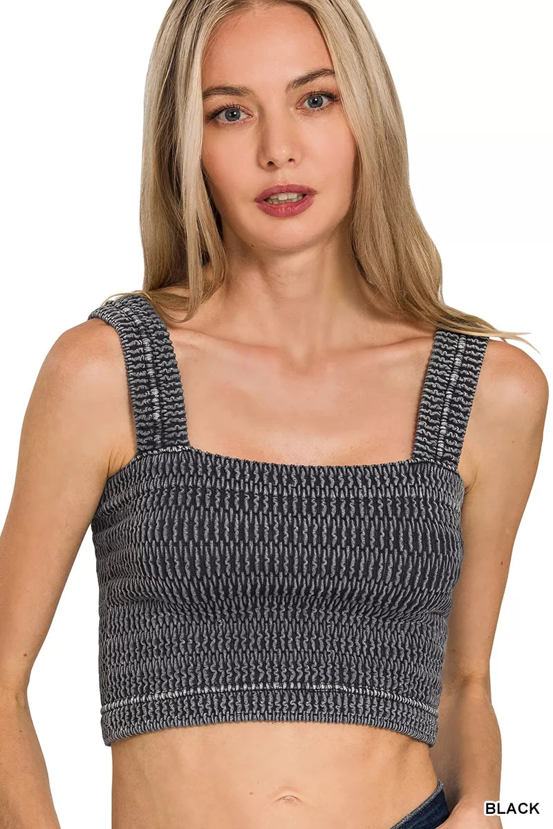 BLACK Seamless stone-washed ribbed square-neck bra top