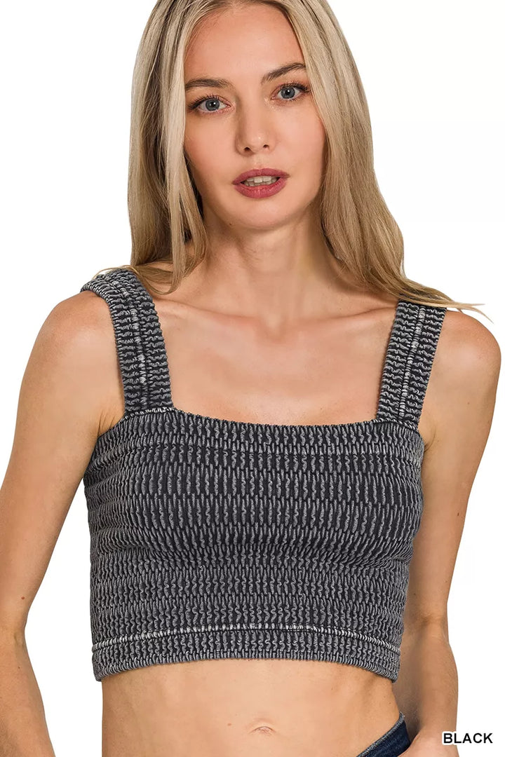 BLACK Seamless stone-washed ribbed square-neck bra top