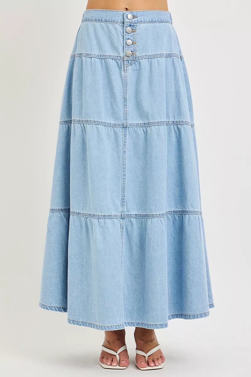 High-rise tiered denim maxi skirt with button-front