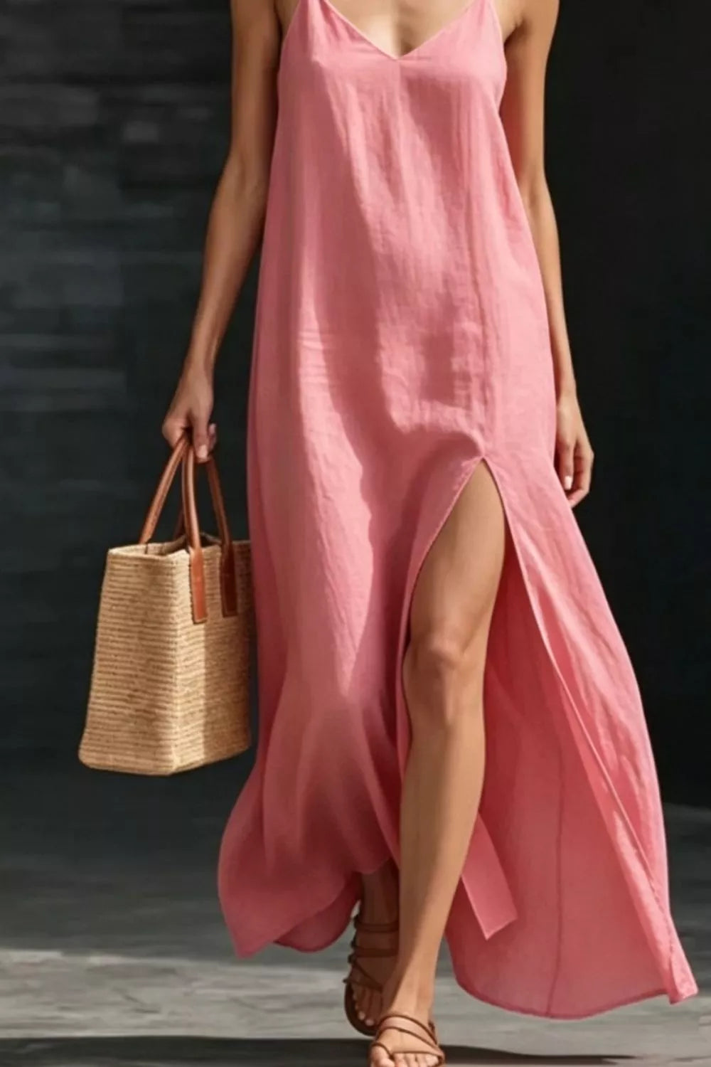 Spaghetti strap V-neck maxi dress with side slit