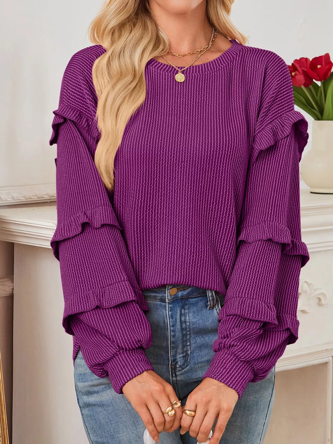 Purple Ribbed knit top with ruffle-tiered long sleeves