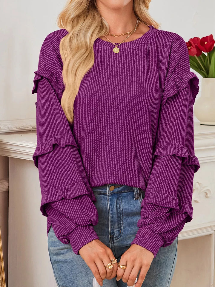 Purple Ribbed knit top with ruffle-tiered long sleeves
