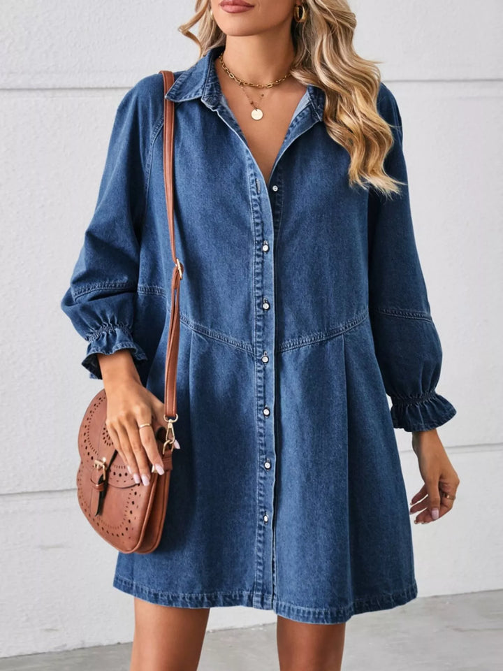 Navy Button-down denim mini dress with ruffle cuffs