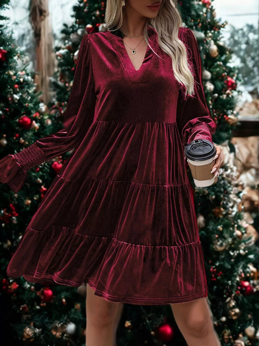 Burgundy Tiered velvet mini dress with smocked ruffle cuffs