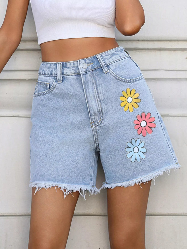 Blue Frayed hem high-rise denim shorts with pockets
