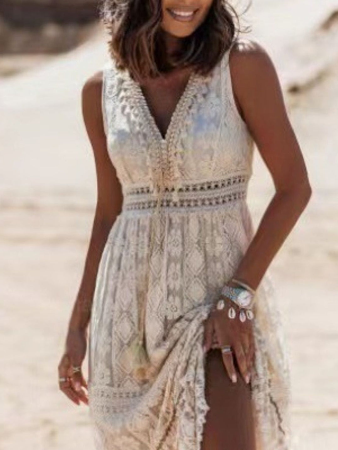 Crochet lace sleeveless V-neck maxi dress with tassel trim
