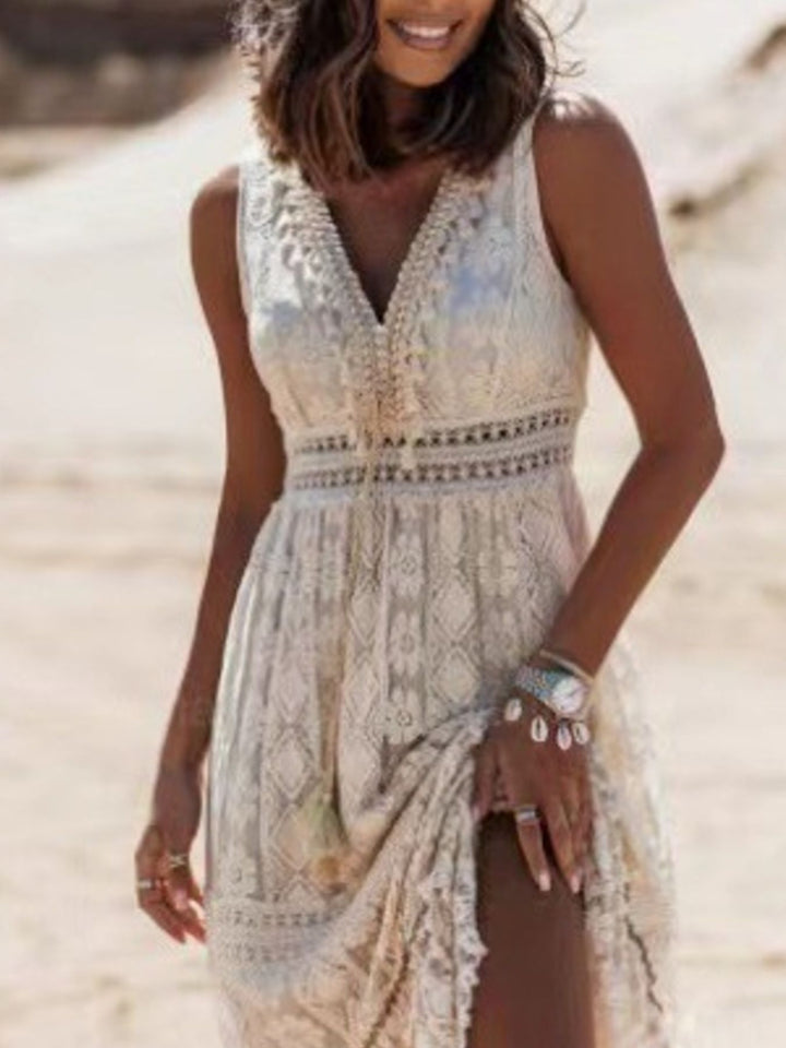 Crochet lace sleeveless V-neck maxi dress with tassel trim