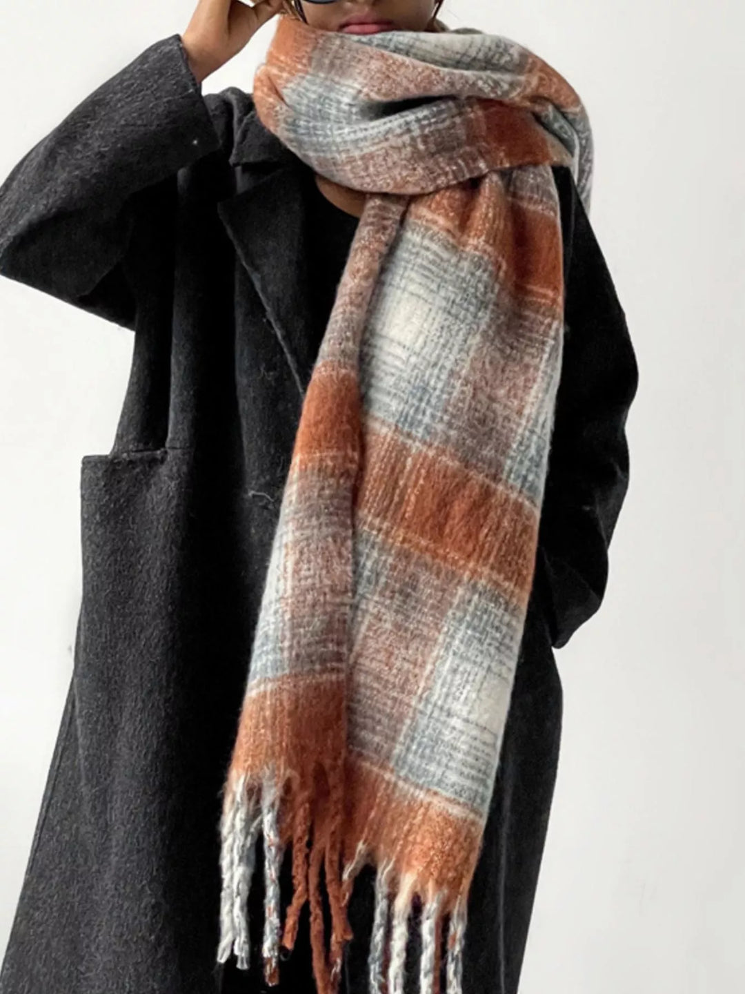 Brushed plaid blanket scarf with twisted fringe