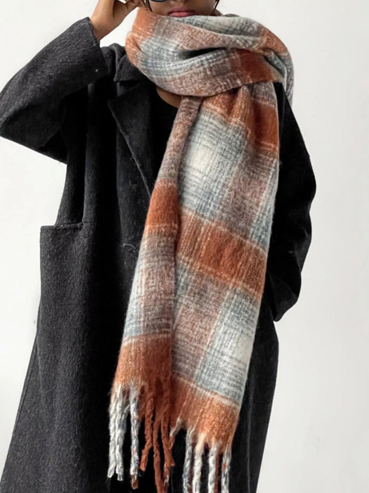 Brushed plaid blanket scarf with twisted fringe
