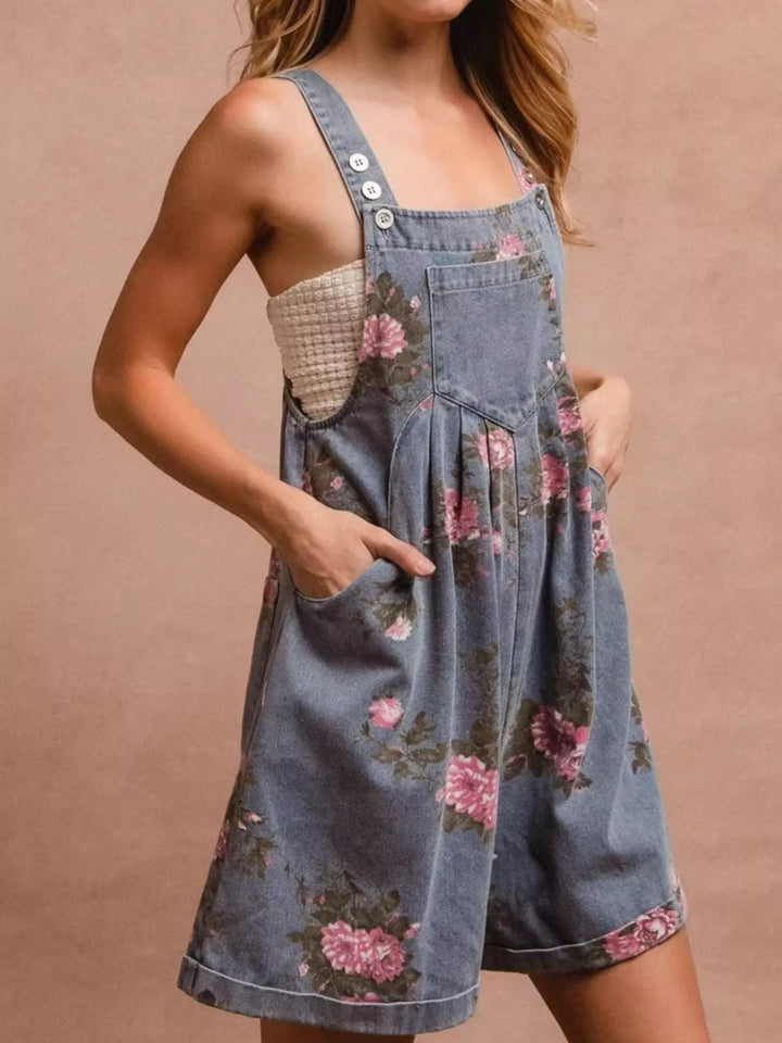 Floral print denim overall pinafore mini dress