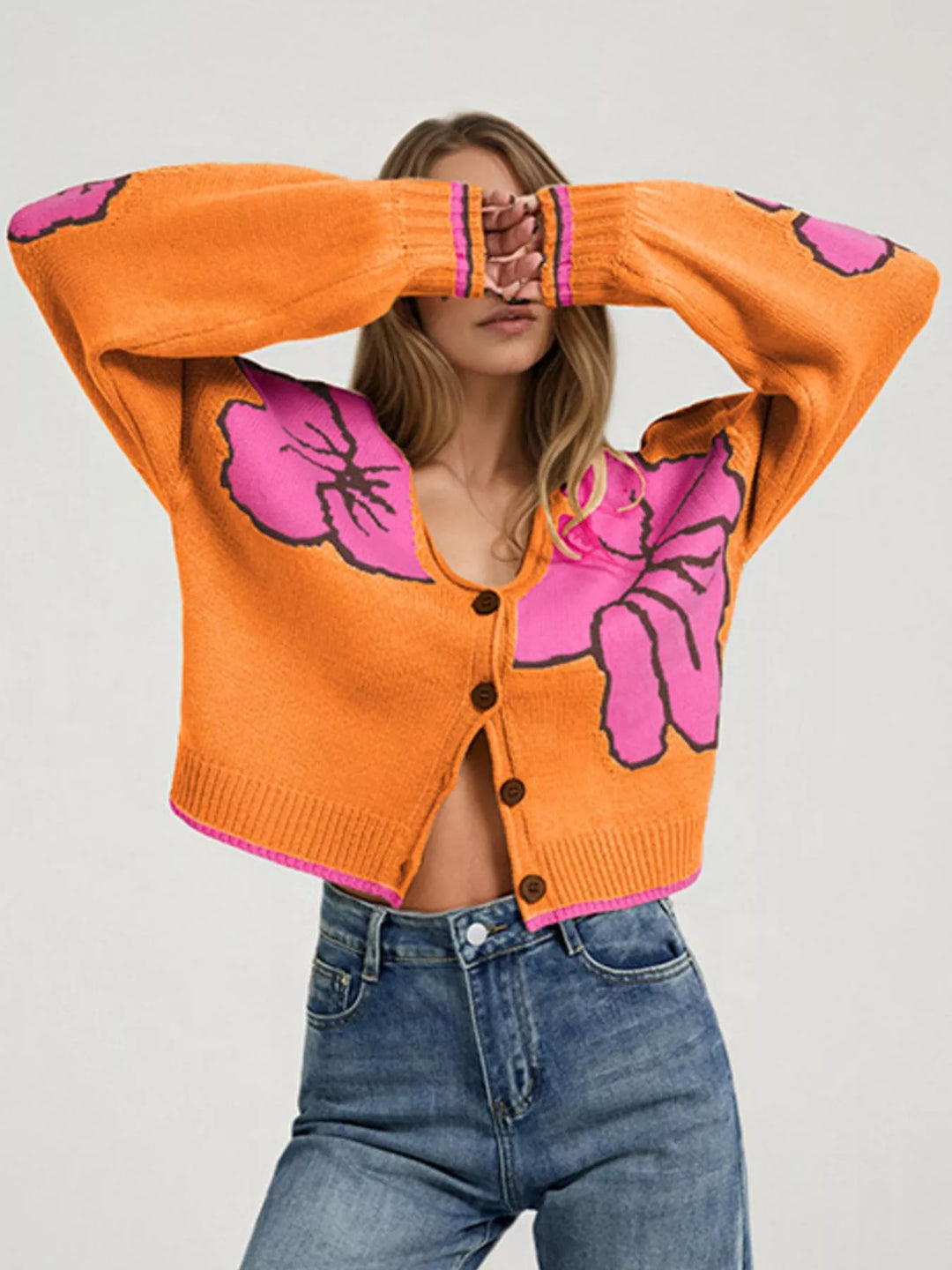 Floral intarsia knit cardigan with deep V-neck and buttons