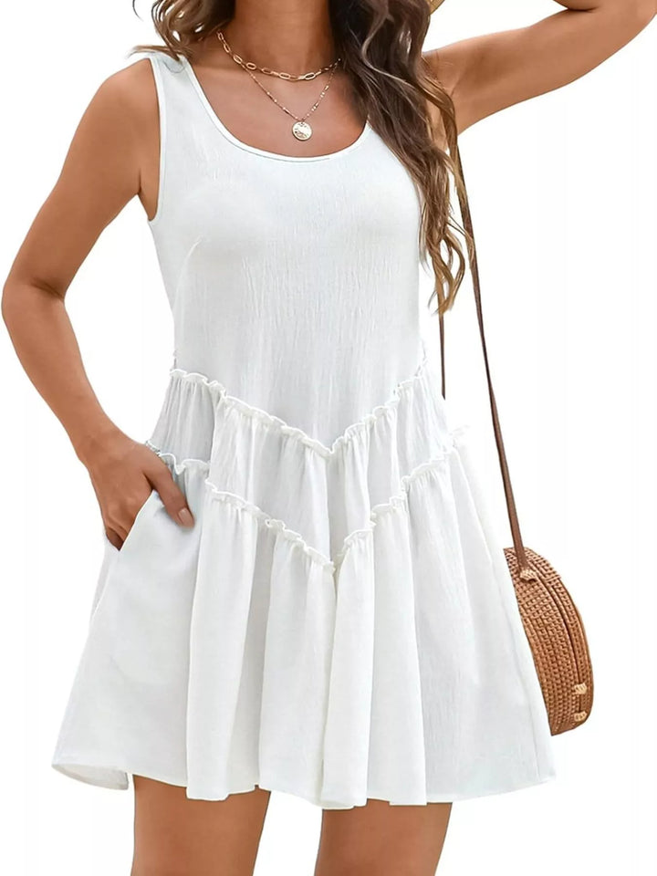 White Tiered ruffle sleeveless mini dress with pockets