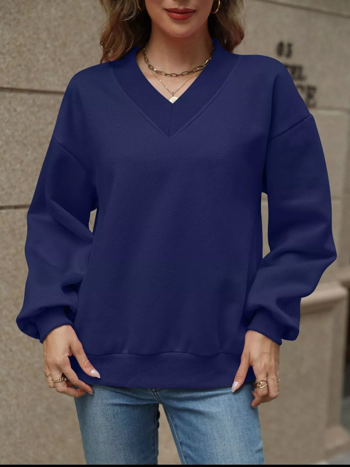 V-neck drop-shoulder pullover sweatshirt with ribbed trim