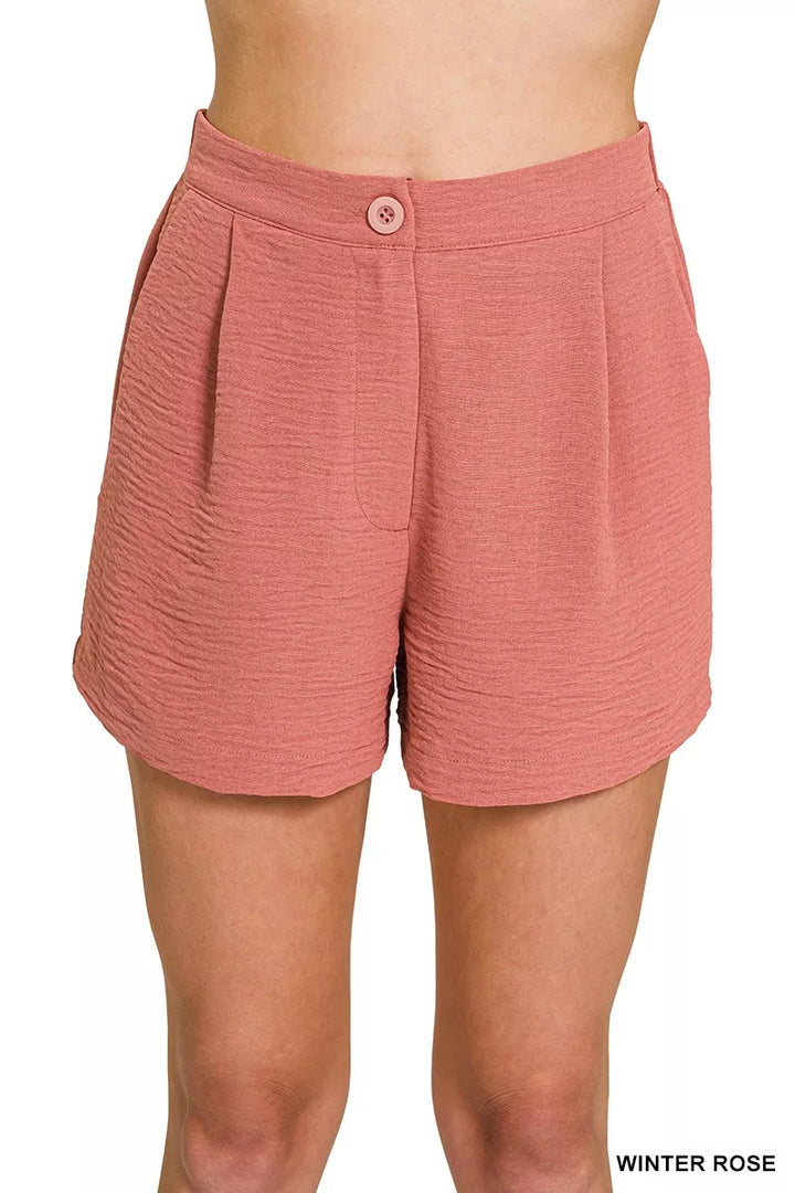 WINTER ROSE Pleated woven shorts with back elastic waist and pockets