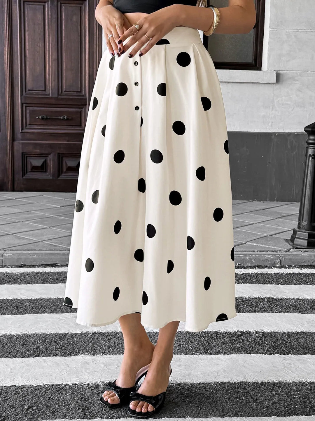 Pleated polka dot button-front midi skirt