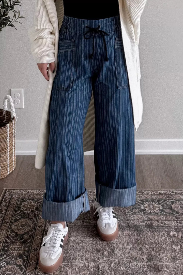 Pinstripe wide-leg drawstring denim with cuffed hem