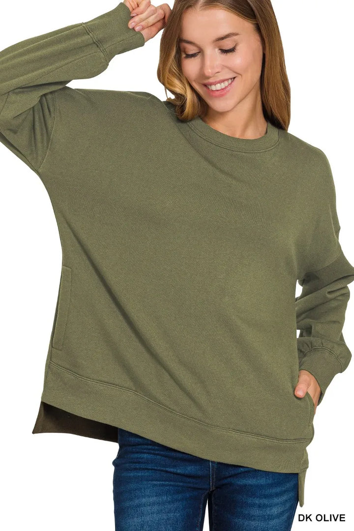 Hi-low fleece boyfriend sweatshirt with side pockets