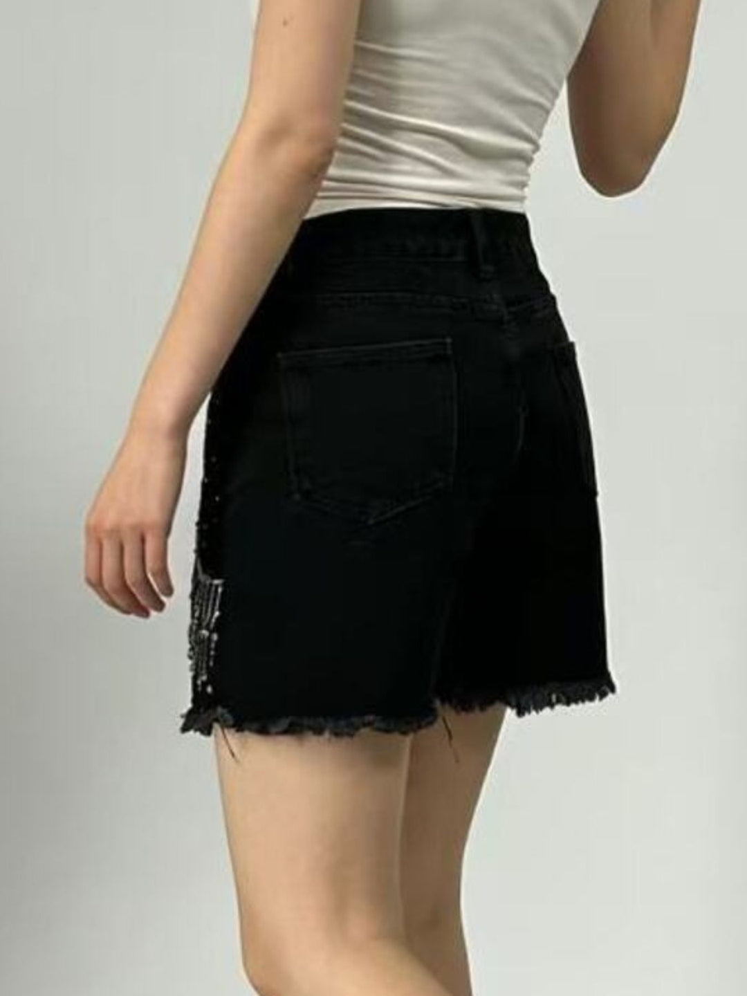 Rhinestone fringe high-rise raw hem denim shorts