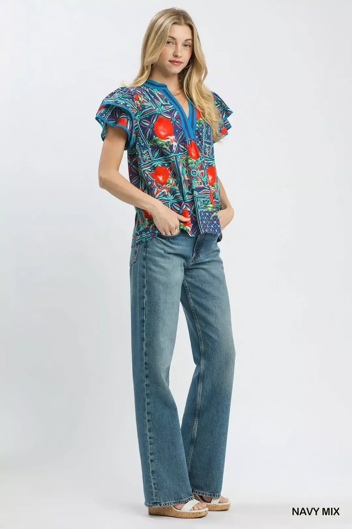 Abstract tile print flutter sleeve blouse with split V-neck