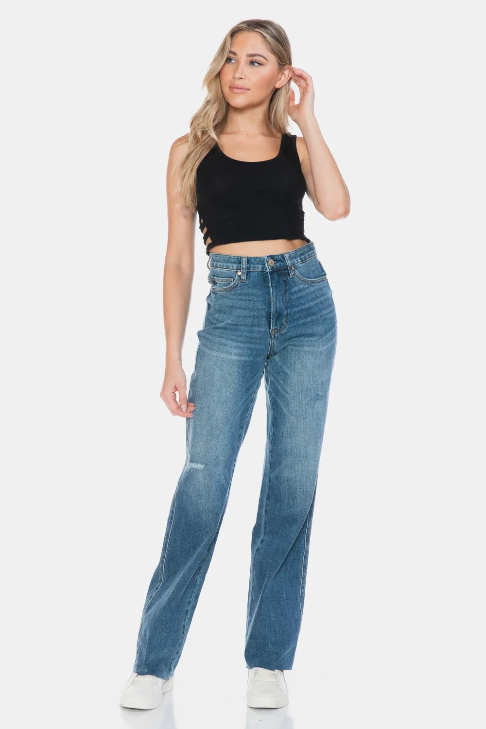 High-rise tummy control straight jeans with raw hem
