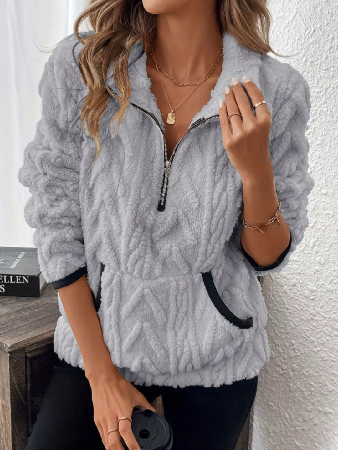 Light Gray Textured sherpa half-zip pullover with contrast trim