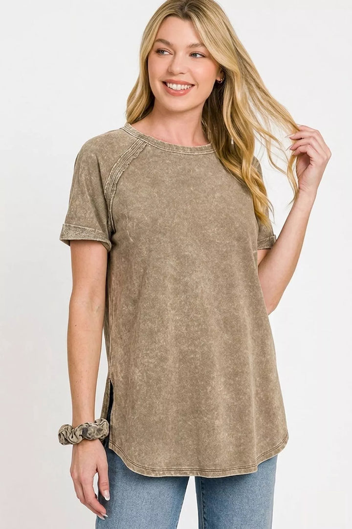 Washed French terry curved-hem top with side slits