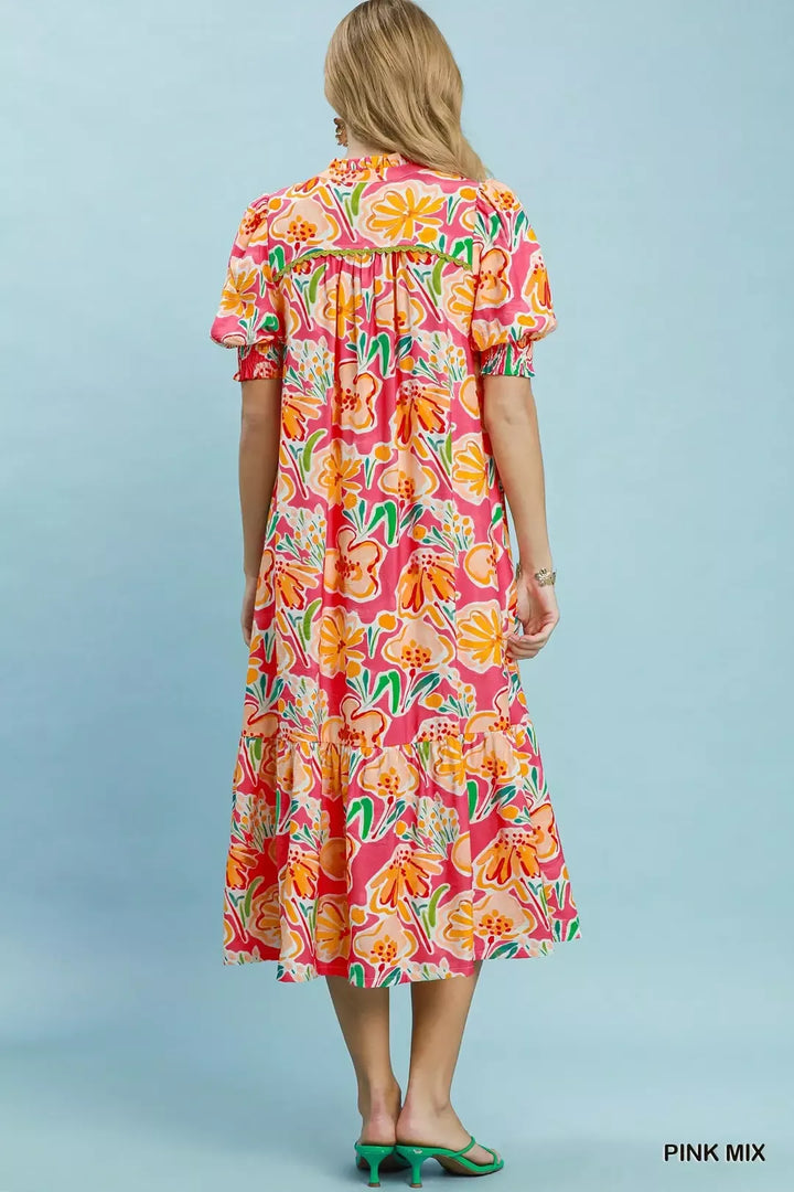 Bold floral puff sleeve tiered midi dress with pockets