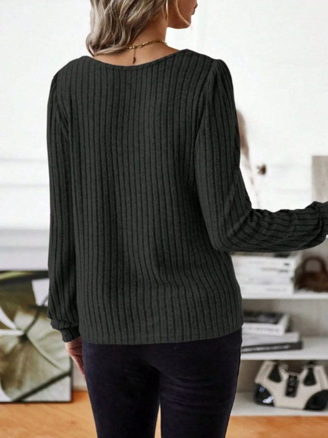 Ribbed knit scoop neck long sleeve top