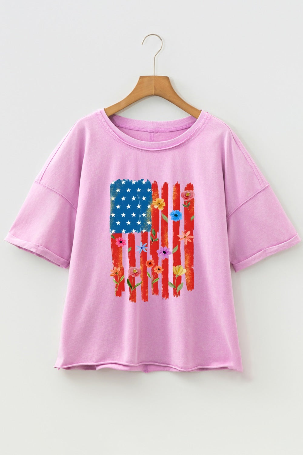 Floral American flag graphic tee with raw hem