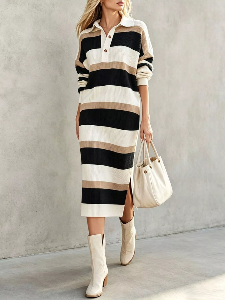 Black Striped ribbed knit polo collar midi sweater dress