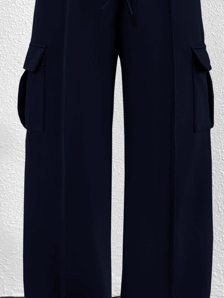 Drawstring high-waist wide-leg cargo pants with flap pockets
