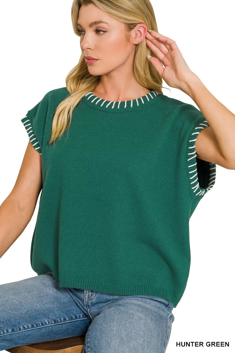 Whipstitch trim oversized short sleeve knit sweater