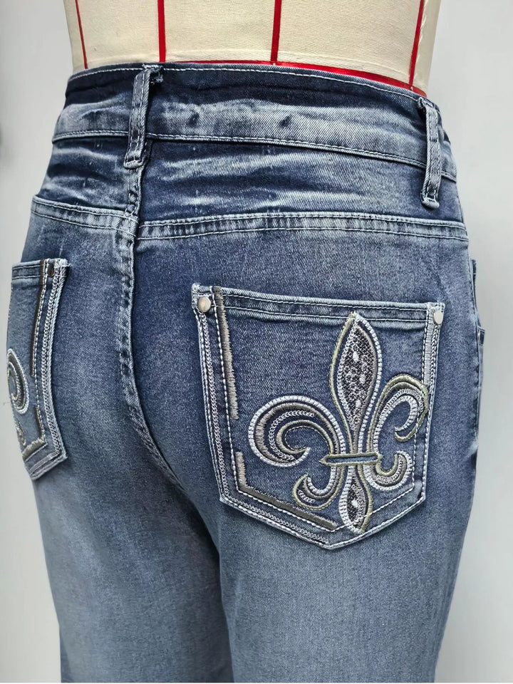Faded high-rise flare jeans with double-button waist