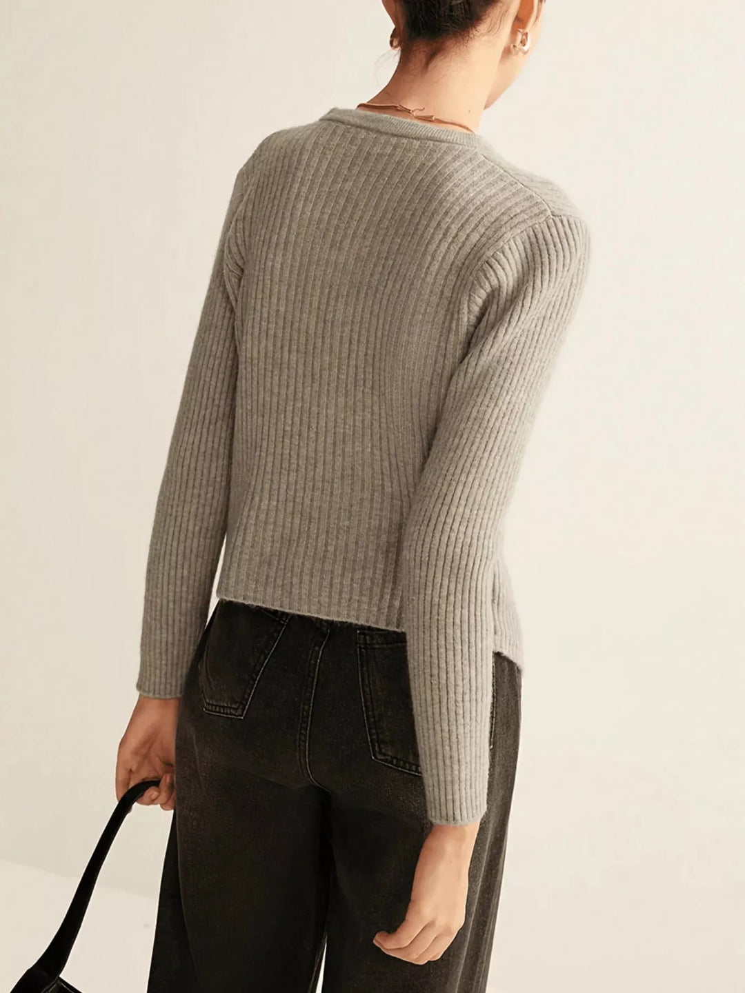 Ribbed knit button-down cardigan with gold buttons