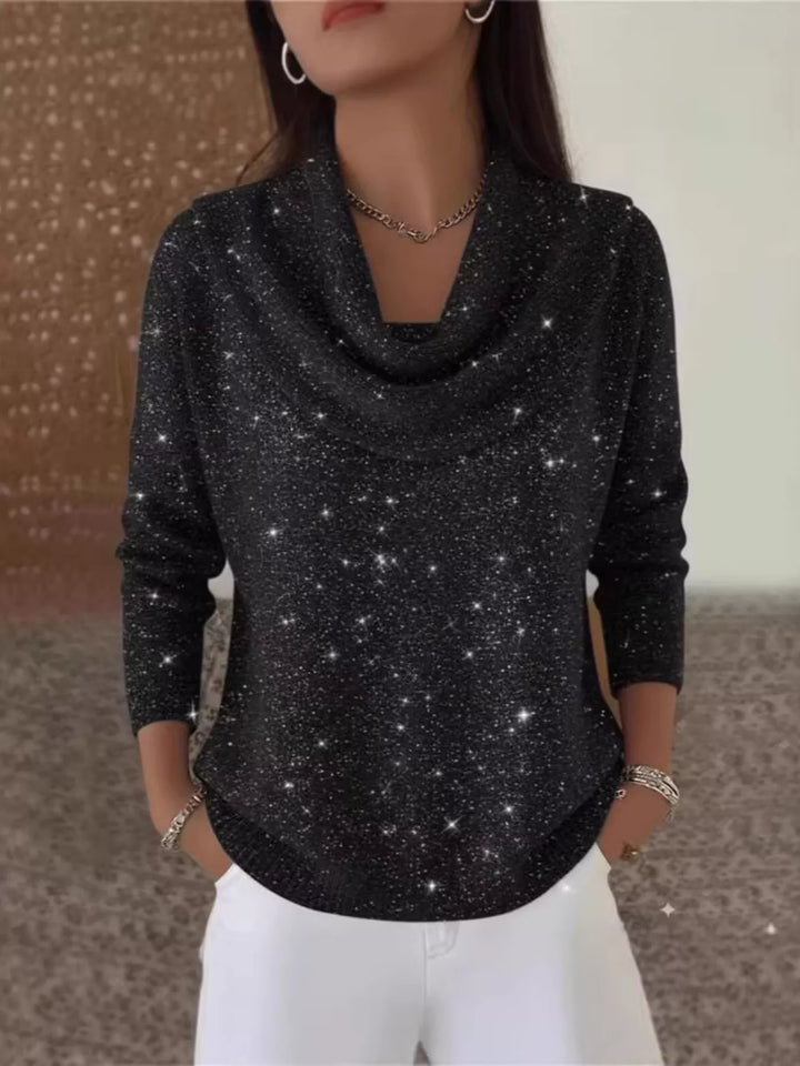 Black Metallic ribbed knit cowl neck sweater with curved hem