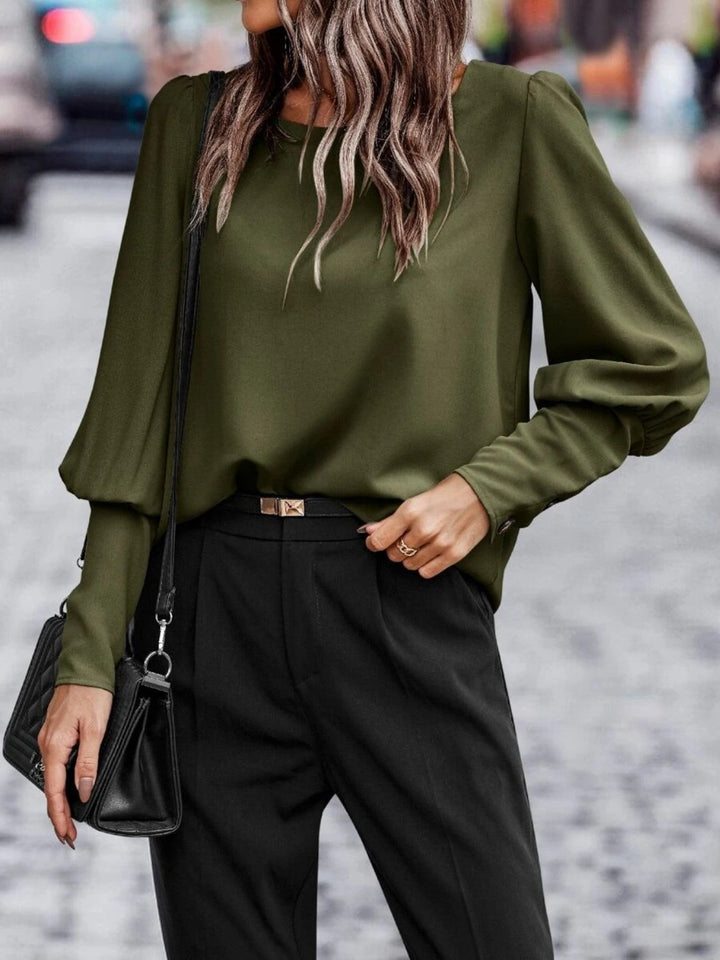 Lantern sleeve round neck blouse with puff shoulders