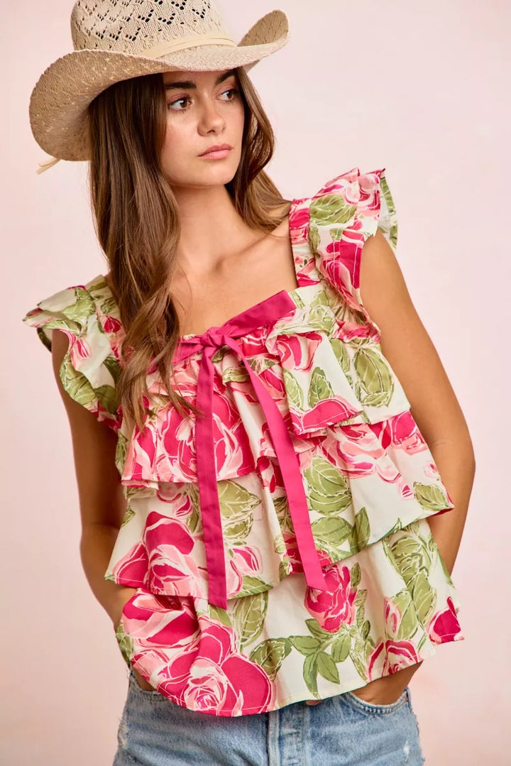 Floral print tiered ruffle top with square neck and bow