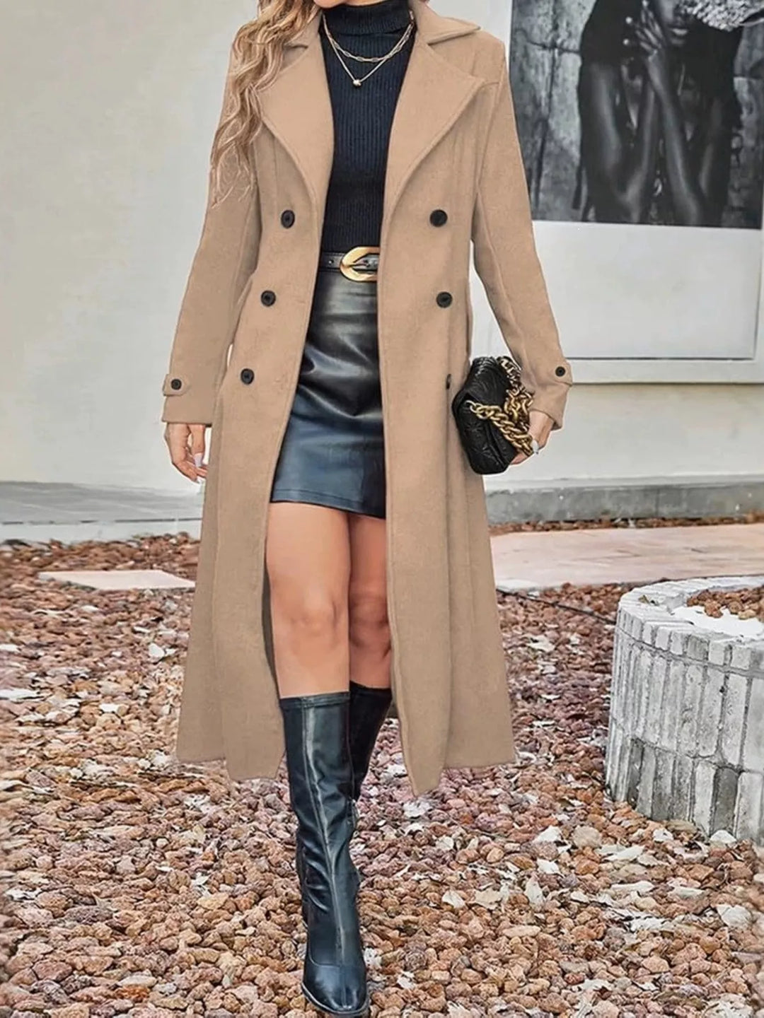 Tan Double-breasted longline trench coat with notch lapels - Tan