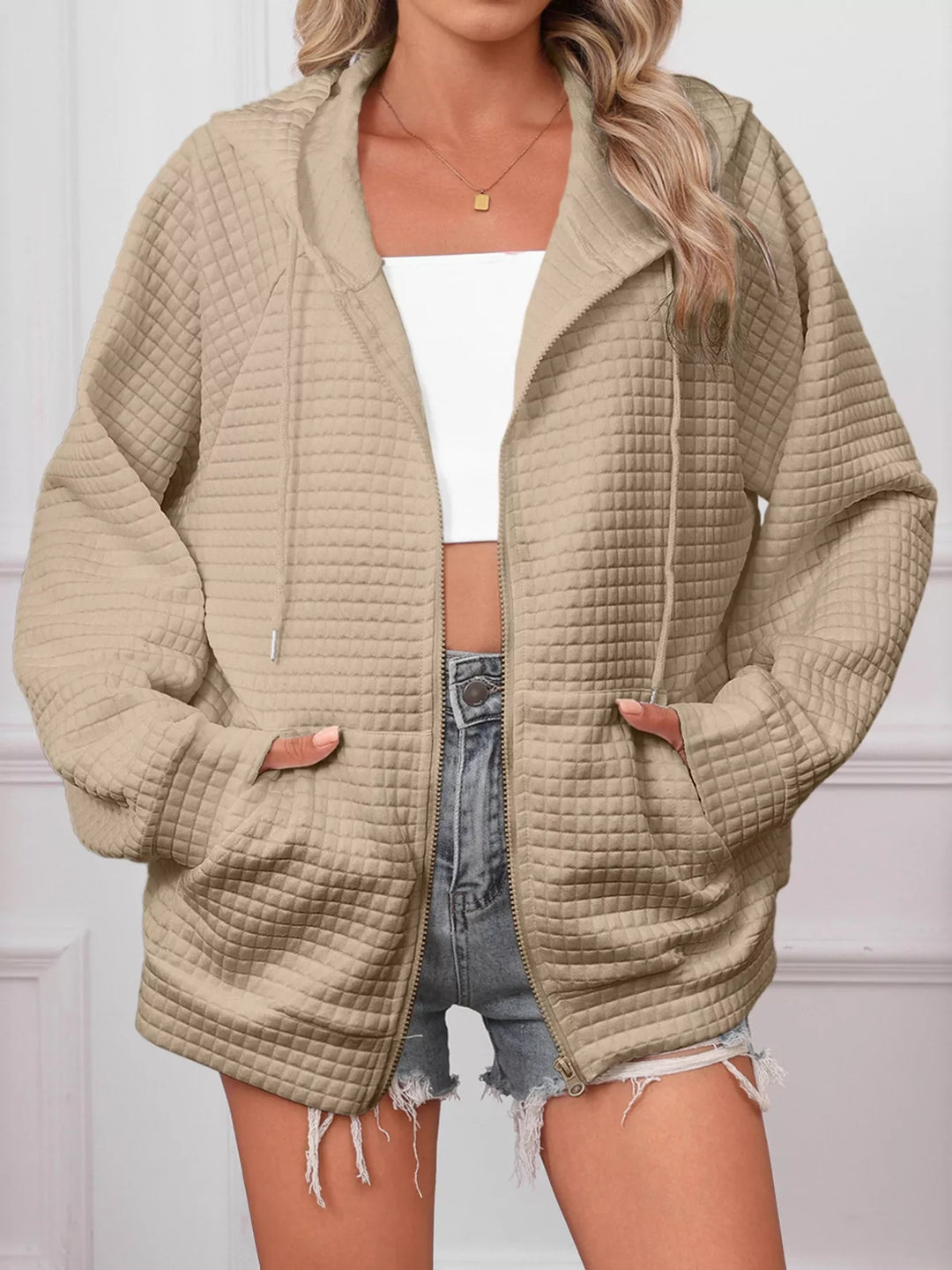 Khaki Textured quilted zip-up hooded jacket with pockets