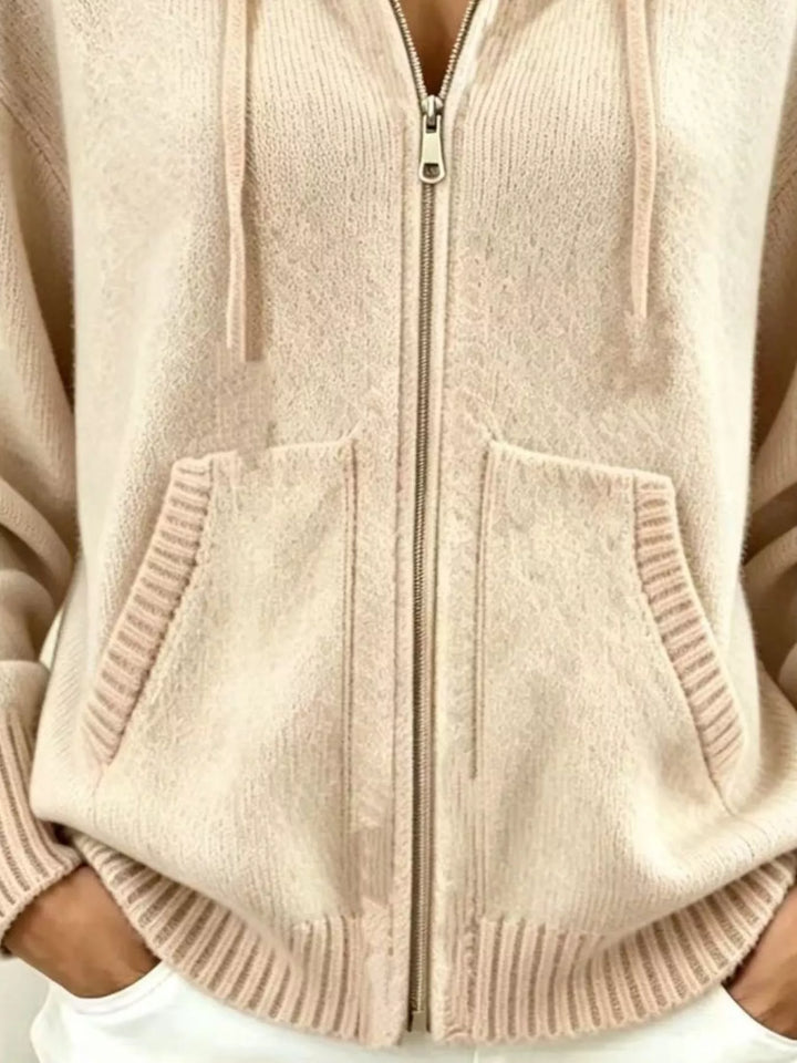 Zip-front hooded knit cardigan with drawstring and pockets