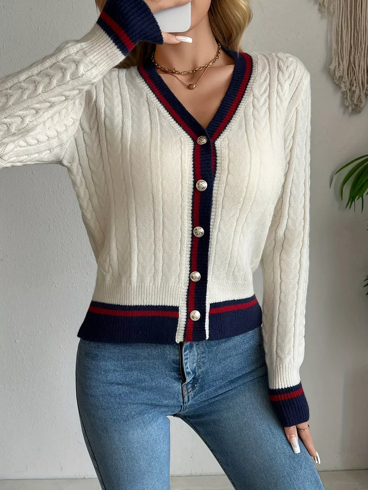 Cable knit cardigan with contrast trim and gold buttons