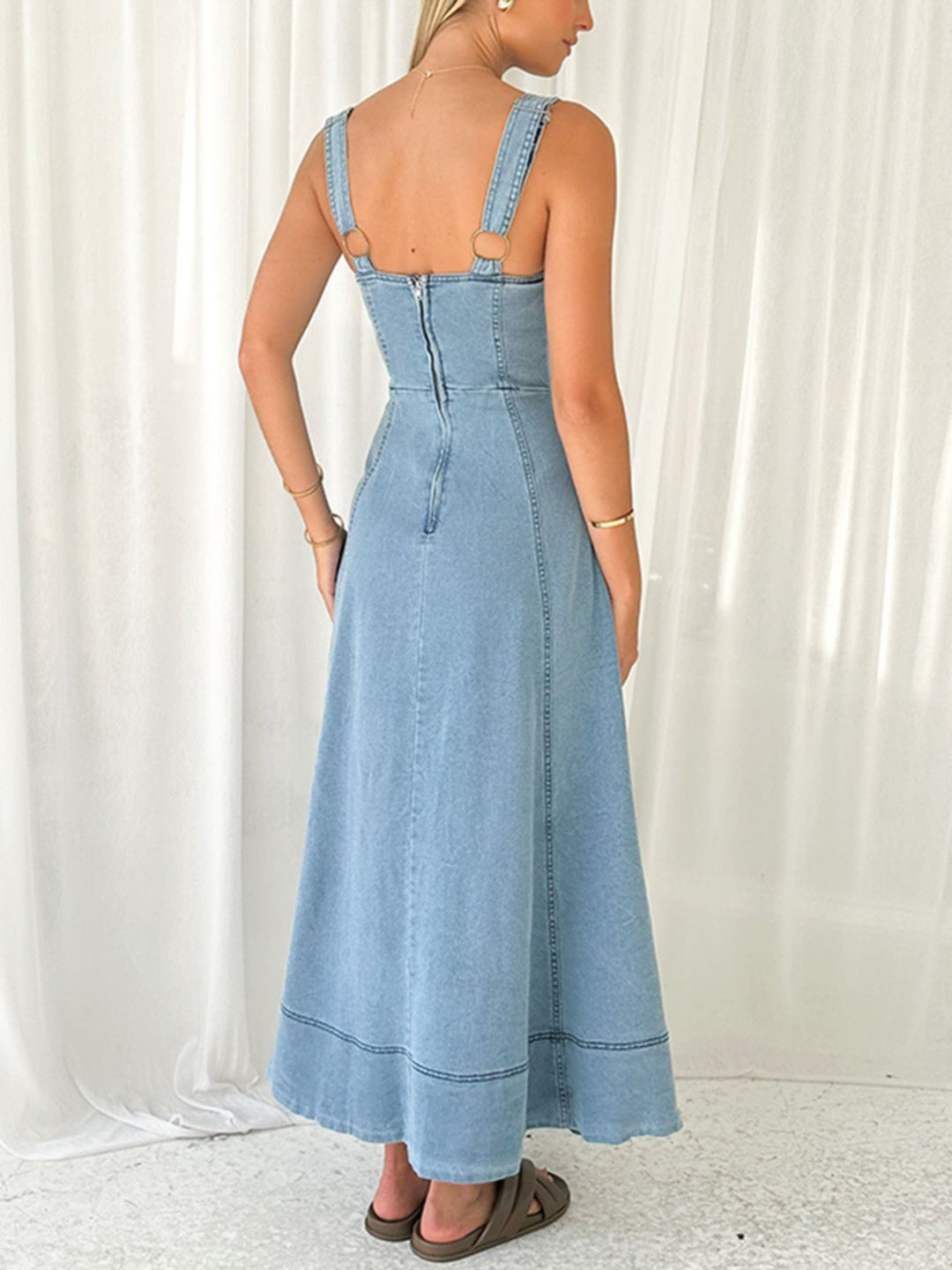 Sleeveless button-front A-line denim maxi dress