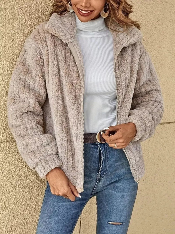 Textured fleece zip-up jacket with fold-over collar