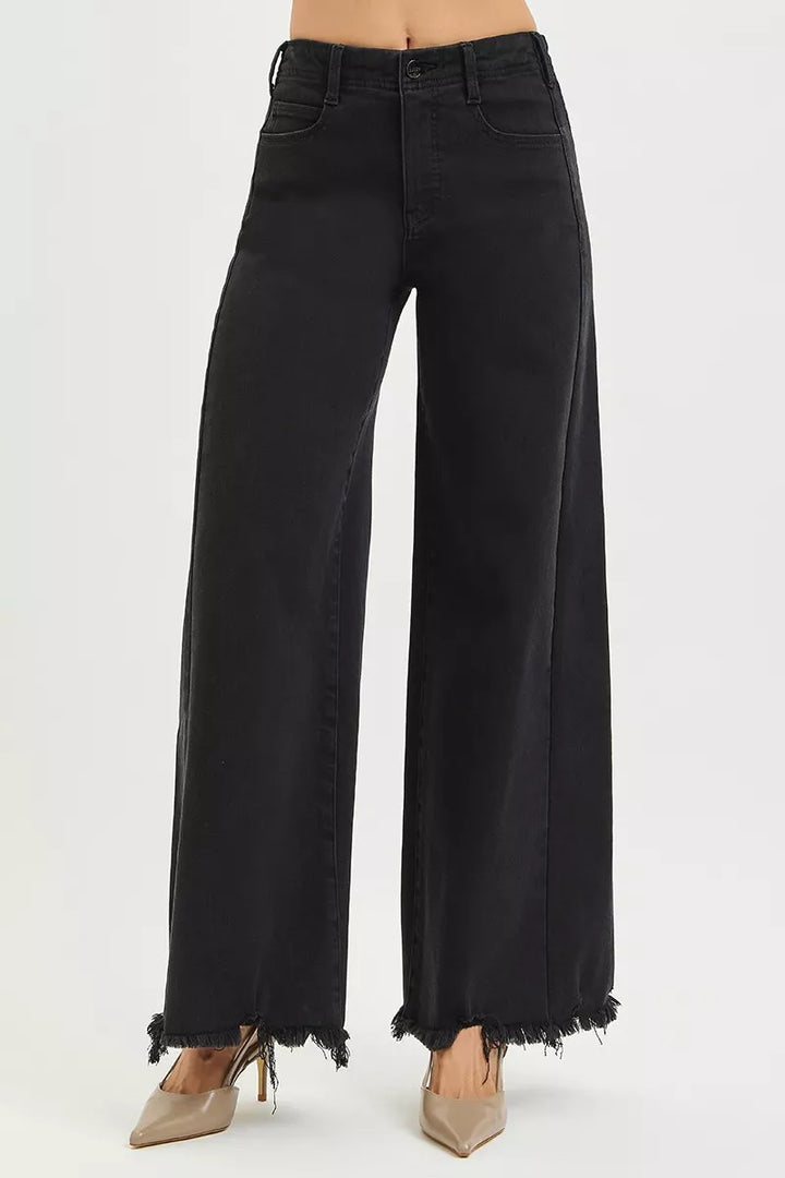 Tummy control high-rise palazzo wide-leg jeans with raw hem