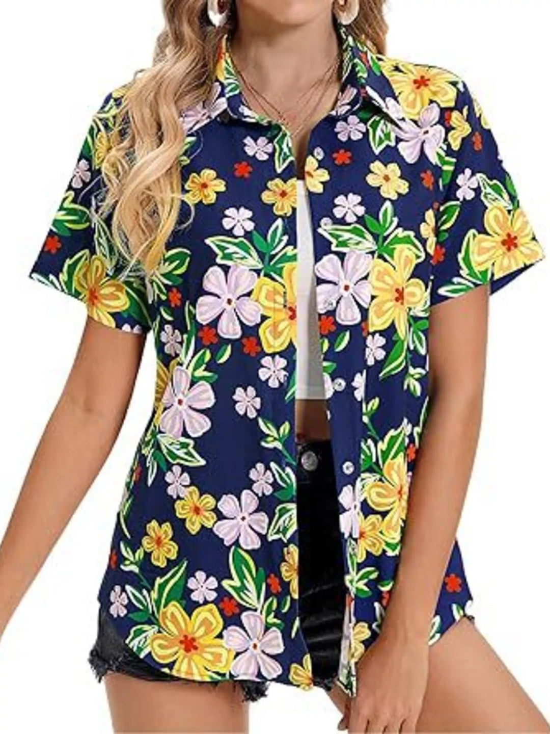 Yellow Tropical hibiscus print short sleeve button-up shirt
